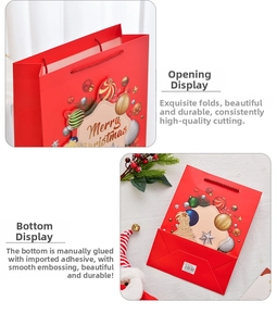 Detail of red Merry Christmas paper bag showing smooth folding edges and secure glue bonding