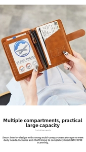 Internal view of brown leather passport holder with RFID blocking and multiple card slots