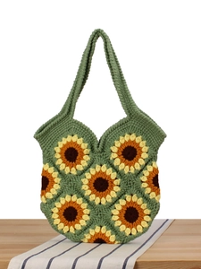 Handmade Crochet Sunflower Tote Bag Yarn Woven Vintage Pastoral Style Handbag For Women