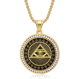 Gold plated hip hop necklace with Masonic Eye of Providence pendant and zircon accents