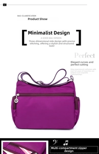 Detail of purple waterproof nylon crossbody bag with multiple zipper compartments