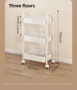 Detailed view of white 3-tier rolling cart with mesh trays and dimensions of 746x405mm