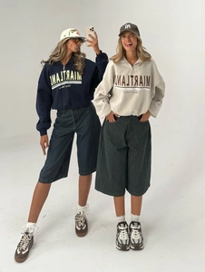 Women Cotton Half Zipper Pullover Sweatshirt Lapel Collar Letter Print Long Sleeve Oversized Vintage High Street Casual