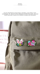 Easter bunny ears and colorful eggs enamel pins on green canvas backpack pocket