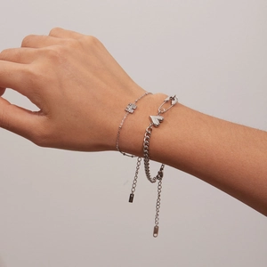 Silver stainless steel double layered bracelet with heart and pin charms for women