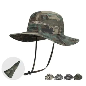 Chapeau Boonie De Camouflage Extérieur Protection Solaire Mesh Respirant Large Bord Pêche Randonnée Cordon Coupe-Vent