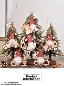 Set of 6 wooden Christmas gnome ornaments featuring various shapes like cars and stars