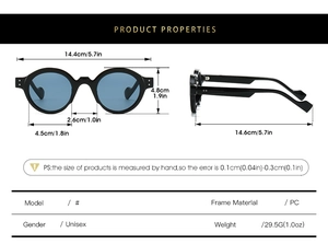 Detailed size specifications for vintage round steampunk sunglasses with blue lenses