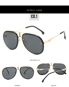 Detailed views of gold aviator sunglasses with polarized grey lenses and anti-slip tips