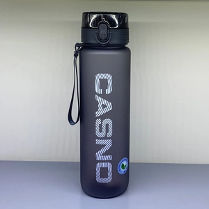 Frosted black plastic sports bottle with carry strap and flip-top lid by Casno