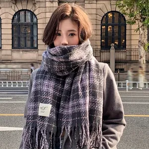 Classic purple plaid scarf with fringe tassels for women in soft knit pashmina style