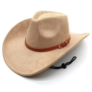 Khaki suede western cowboy hat with brown leather belt and adjustable chin strap