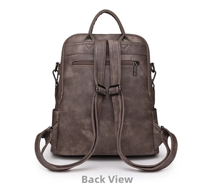 Detail view of the back of a vintage dark brown backpack featuring a zipper pocket