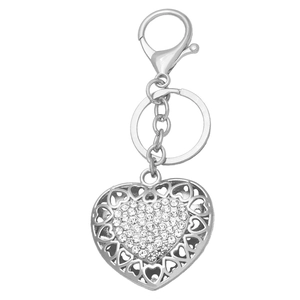 Silver heart keychain with sparkling rhinestones and hollow details on white background