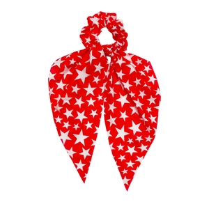 Independence Day red hair scrunchie with white stars and long bow ribbon streamers