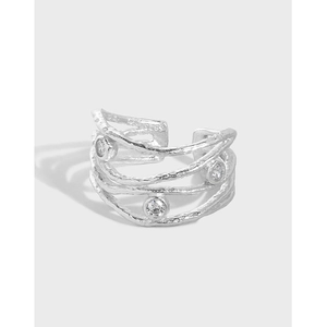 925 Sterling Silver Adjustable Open Ring For Women Encrusted Zircon Line Texture Multi Layer Design Jewelry