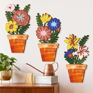 Three-piece modern floral wooden wall art decor featuring colorful potted plants