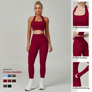 Deep red women yoga set with square neck sports bra and high waist leggings in 8 colors