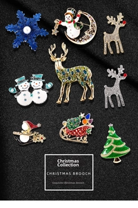 Detailed close-up of Christmas brooches with enamel, rhinestones and pearls on black fabric