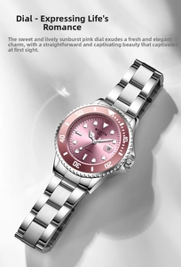 Dettaglio dell'orologio WLISTH con quadrante rosa, datario e bracciale in acciaio argento