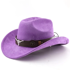 Detail of purple felt cowboy hat with leather band and silver bull head metal ornament