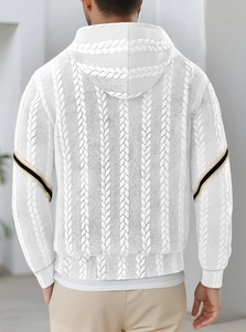 Rear view of white textured jacquard hoodie for men featuring black and gold arm stripes