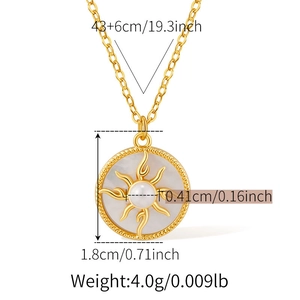 Detailed dimensions of 18K gold sunburst pendant necklace with pearl center