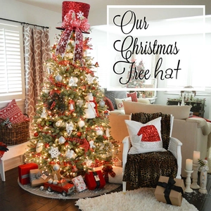 Red sequin Christmas tree topper hat featuring a festive white snowflake bow decoration