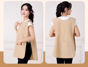 Front and back view of khaki waterproof apron vest for cafe and barber shop staff