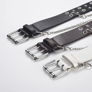 Punk style PU leather belts with double grommets, star studs and metal chains in three colors
