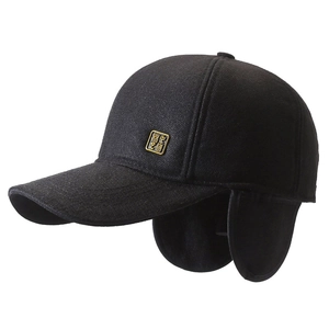 Men's winter wool baseball cap with thick ear flaps and golden metal badge detail