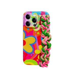 Floral iPhone case with colorful psychedelic pattern and woven crossbody wrist strap