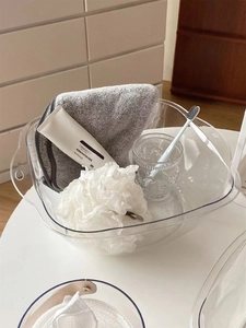 Transparent square basin holding toiletries and towel, showing thickened PET texture