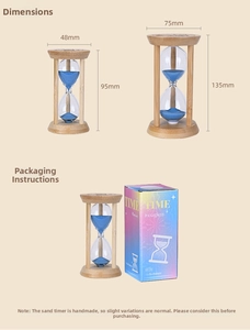Detailed size comparison and packaging for blue sand wooden hourglass timers