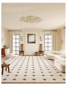 Detail of cream carpet with brown diamond patterns in a modern living room