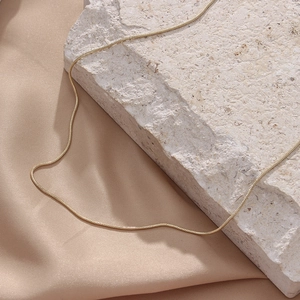 Close-up of golden sleek snake bone necklace on stone and silk fabric backdrop
