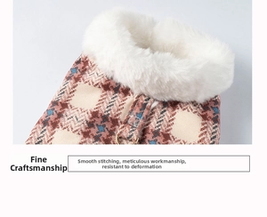 Close-up of warm pink plaid pet vest featuring plush white faux fur collar and metal D-ring