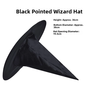 Detailed dimensions of the black pointed wizard hat including height and base diameter