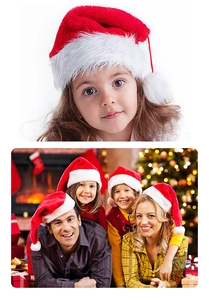 Detailed view of plush red Christmas hats worn by family near a festive fireplace