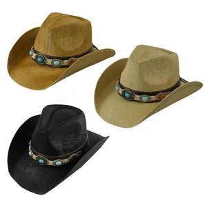 Chapeau De Cowboy En Paille Avec Bande En Similicuir Turquoise Pierre Ambre Vintage Bohème Large Bord Soleil Plage