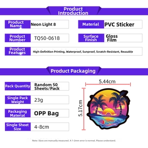 Size chart for neon graffiti stickers detailing PVC material and waterproof features