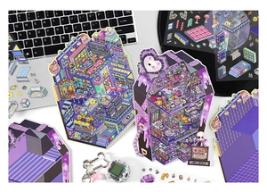 Macro detail of large pixel art scene stickers with vibrant purple and cyan game themes