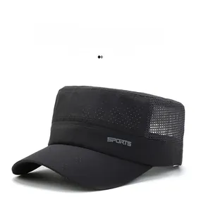 Detail view of the breathable side mesh and Sports logo on a black military flat top cap