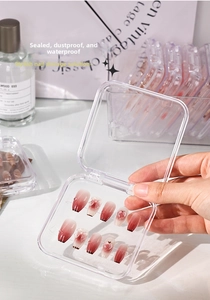 Close-up of clear dustproof nail art storage box with handmade press-on nails