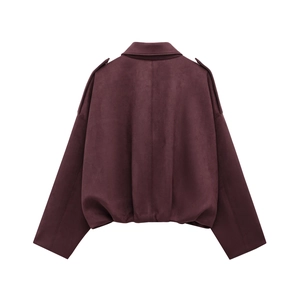 Detailed back view of dark red suede bomber jacket with high-quality textured finish