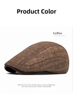 Close-up of coffee brown ivy cap showing plaid texture and golden metal eyelets