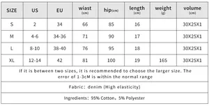 Tabella taglie per pantaloncini in denim elasticizzati a vita alta con misure fianchi