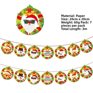 Detail of Christmas paper banner featuring Santa, elk, and snowman round cards set