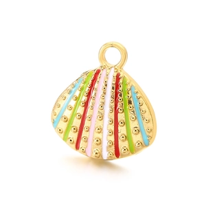 Golden stainless steel seashell pendant with colorful enamel stripes and metal grain texture