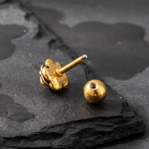 Men's polished golden stainless steel rose flower stud earring with screw back design